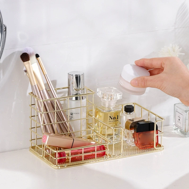 

H05B Iron Wire Pen Holder Cosmetic Organizer and Storage Multi-functional Metal Desk Organizer 3 Compartments Large Capacity