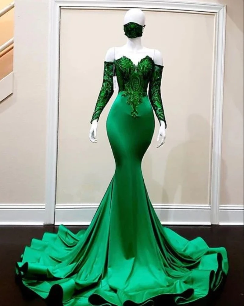

Vintage Green Mermaid Evening Dresses Off Shoulder Appliques Beads Sweetheart Prom Gowns Long Sleeves Celebrity Party Dresses