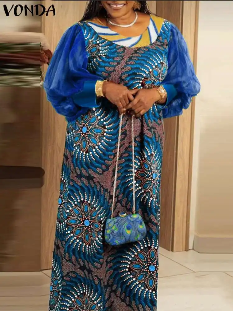 

Bohemian Maxi Sundress VONDA Summer Dress 2023 Women Long Lantern Sleeve Mesh Patchwork Elegant Casual Loose Printed Vestidos