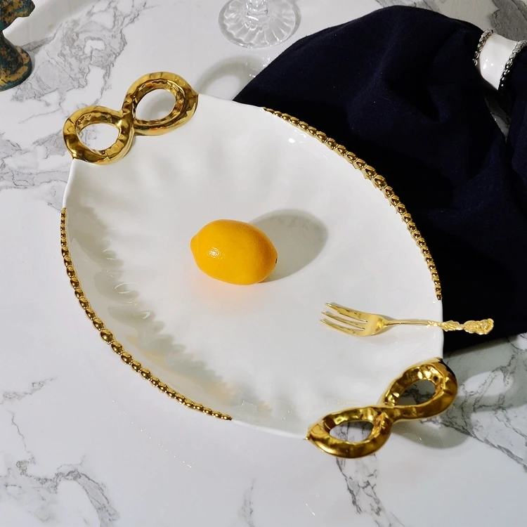 

Court European gold plated 15.5 inch big fruit basket home furnishing ceramic pendulum double ear plate