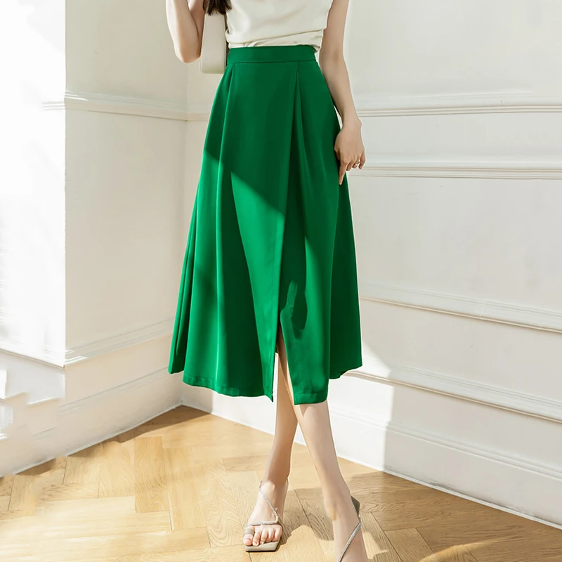 

Elegant High Waist A-line Midi Skirt Korean Style Office Lady Fashion Folds Slit Skirts 2022 New Summer Woman Casual Long Skirts