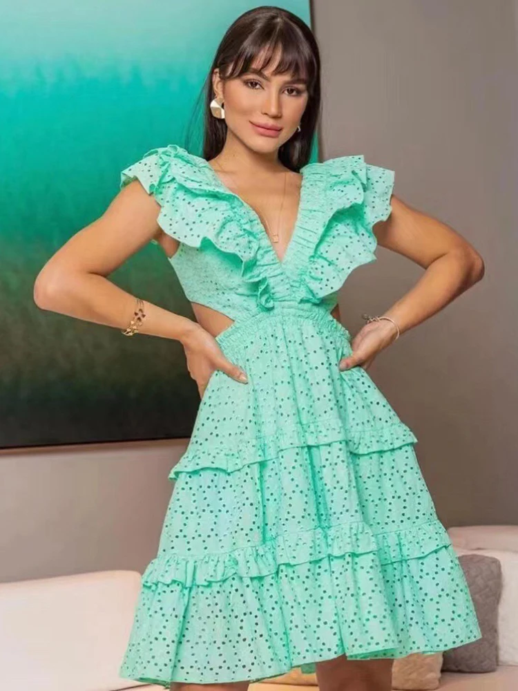 

Delocah High Quality Summer Women Fashion Runway Party Mini Dress Sexy V-Neck High Waist Solid Cascading Ruffle Dresses Vestidos