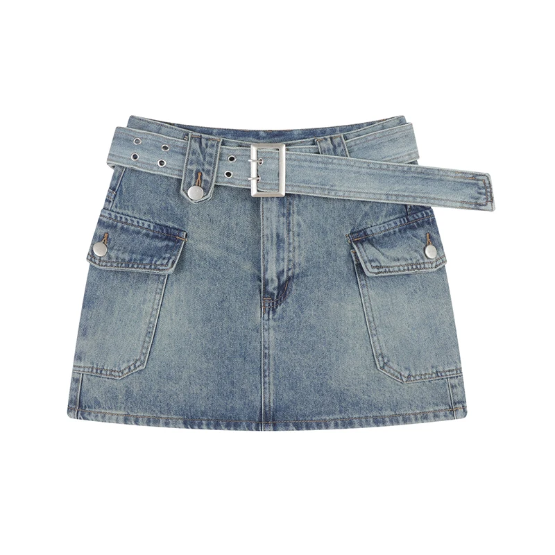 

Fashion Women's Summer Blue Cargo Denim Skirt High Waist Elegant Harajuku Vintage Y2k Skirt A-Line Mini Pockets Skirt With Belt