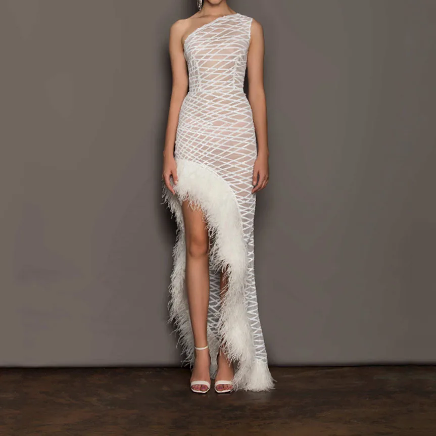 White Women Mesh Off-Shoulder Feather Long Dress 2023 Sexy Irregular Bodycon Split Maxi Dress Lady Elegant Party Evening Dress