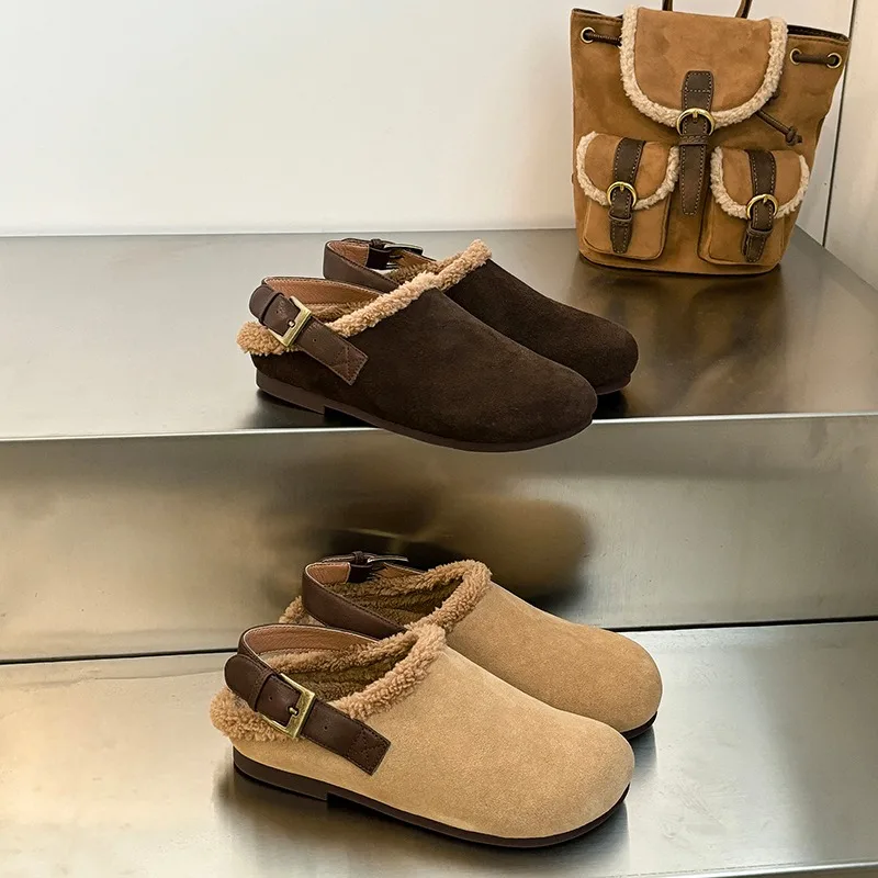 Женские шлепанцы на плоской подошве зимняя обувь из натуральной кожи низком