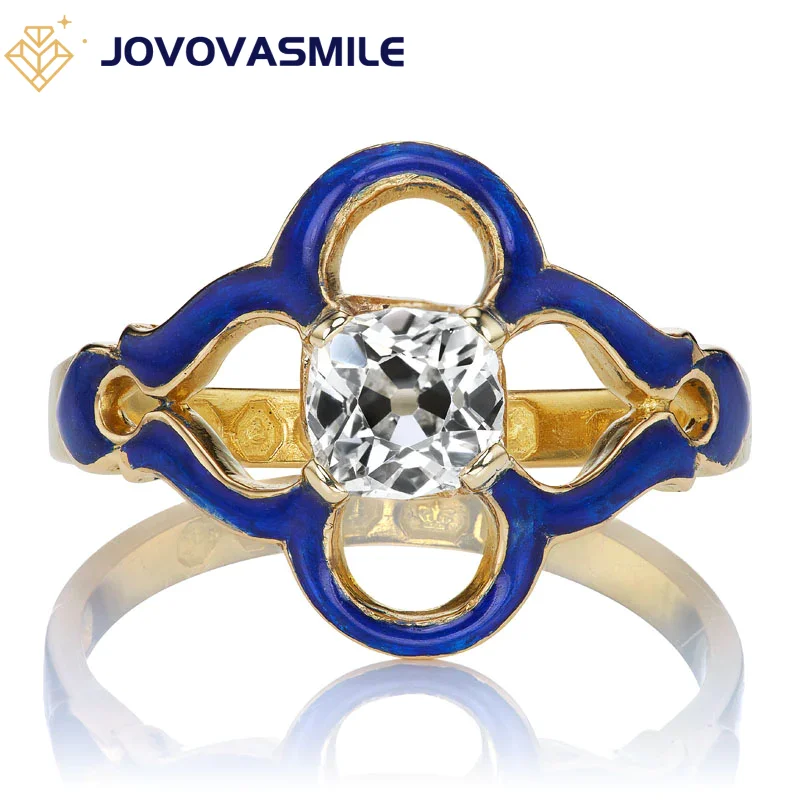 

JOVOVASMILE Unique Antiqued Blue Enamel and 0.7 Carat Old Mine Cut Moissanite Diamond Ring 18K Yellow Gold Rings For Women
