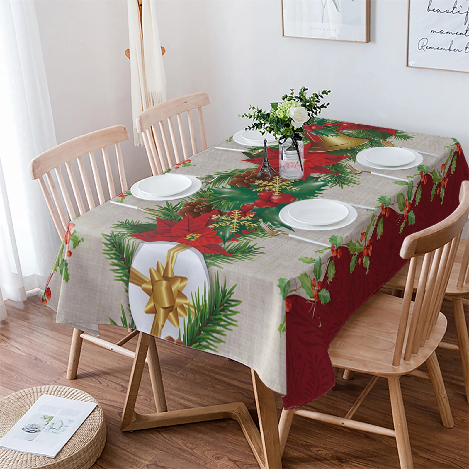 

Christmas Flower Berry Bell Gift Retro Rectangle Tablecloth Festival Party Navidad Decoration Waterproof Round Table Cover