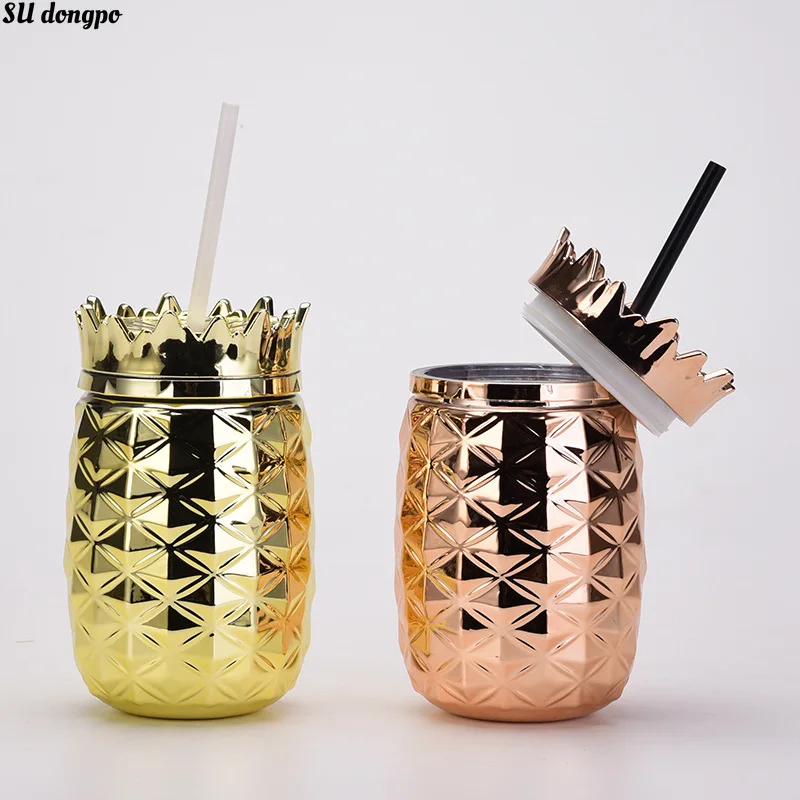 

Creative Electroplated Plastic Diamond-shaped Pineapple Cup Straw Cup Electroplated Special-shaped Juice Cup Holding Cup