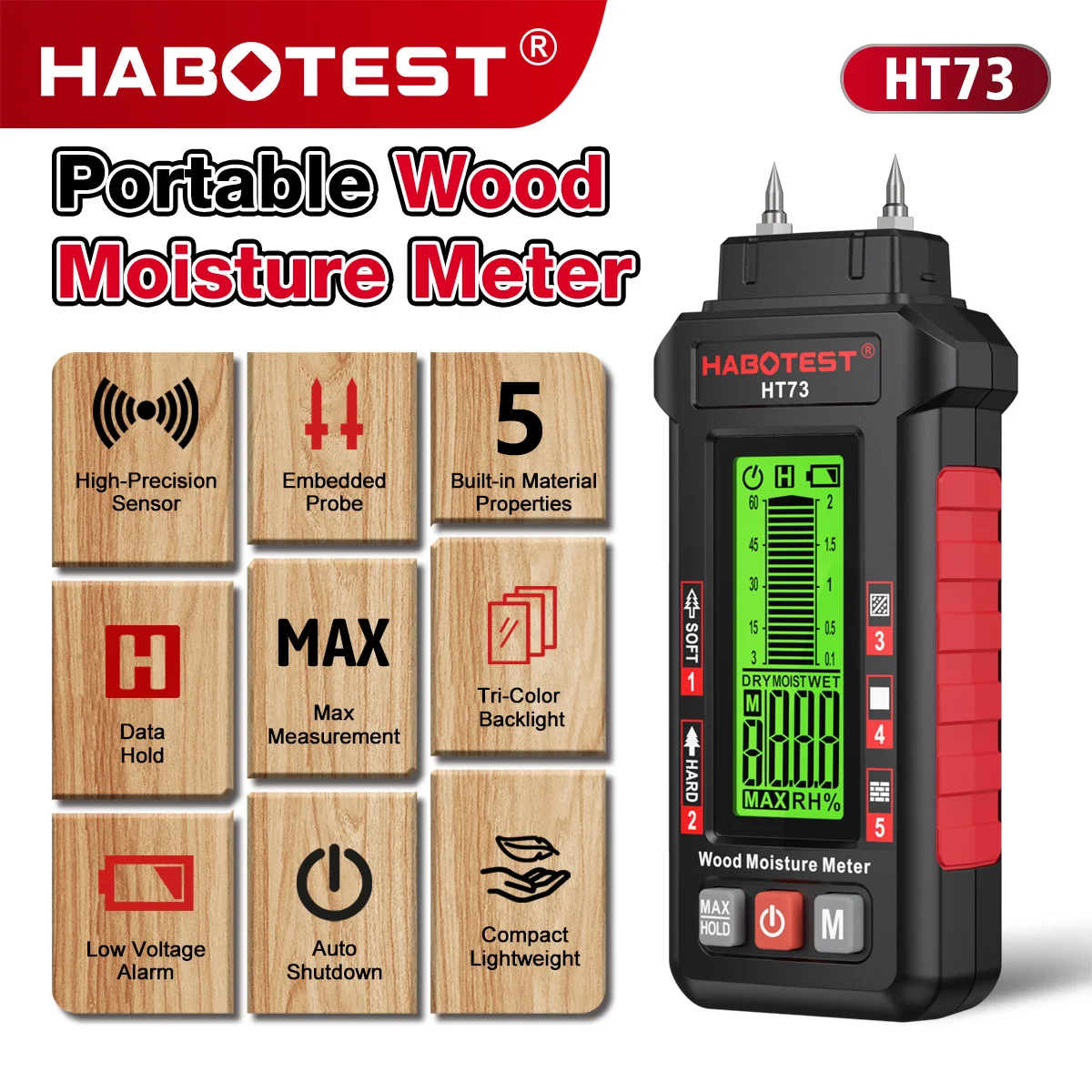 Фото Влагомер для древесины HABOTEST HT73 (контактный тип), 5 режимов для различных материалов, трехцветная подсветка, диапазон влажности 0-99.9% RH, корпус из ABS-пластика, глубина измерения до 10 см, гарантия 1 год. №1