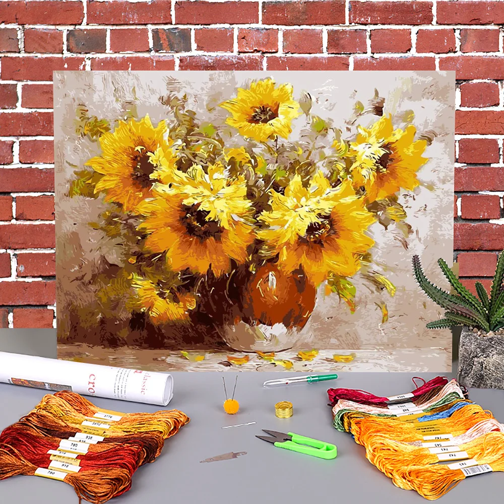 

Подсолнухи абстрактный современный Печатный водорастворимый холст 11CT Вышивка крестом полный комплект вышивка DMC нитки крафт дизайн