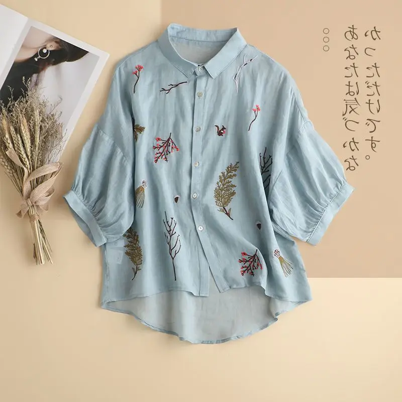 

Cotton and Linen Shirt Women's Summer Seven Points Sleeve Embroidery 2023 New Loose Literary Bubble Sleeve Women's Shirt