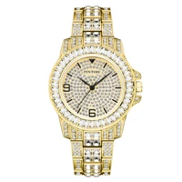 pintime new style men women luxury diamond gold watch iced out baguette shinning quartz wristwatch casual dress party montre