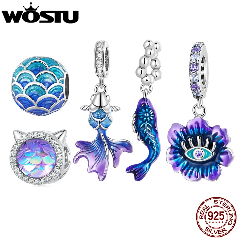 WOSTU 925 Sterling Silver Colorful Gradient Carp Devil Flower Charms Fish Pendant Dragon Scale Beads Fit DIY Bracelet Necklace