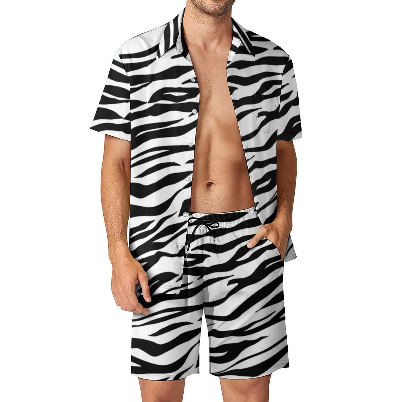 

Black White Tiger Print Men Sets Animal Fur Stripes Casual Shorts Beach Shirt Set 2 Piece Hawaii Pattern Suit Oversize Clothing