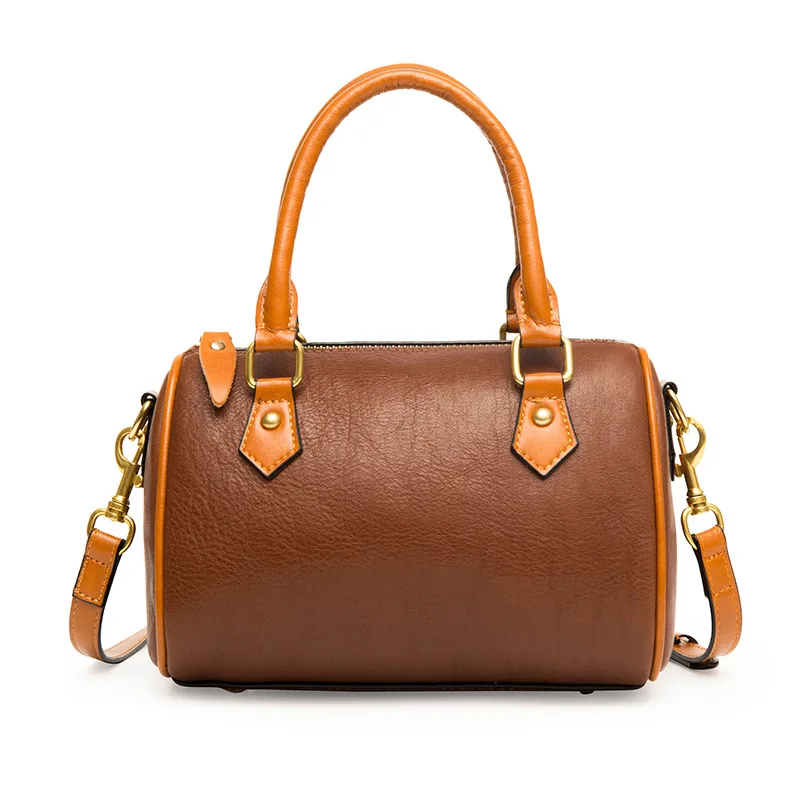 

Genuine Leather Vintage Women's Bag 2023 Vegetable Tanned Cowhide Boston Bag Handheld Crossbody Bag Soft Leather Bag