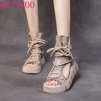 gktinoo 2022 new women sandals handmade retro wedges heel sandals ladies lace up back zipper platform roman cool boots