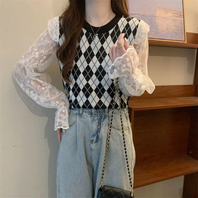 Ретро сладкий рюшами по краям в стиле пэчворк с ромбовидной сеткой искусственный