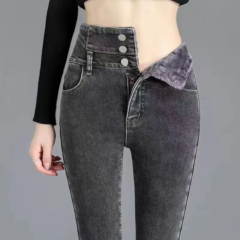 Women High Waist Thermal Jeans Winter Warm Stretchy Fleece Lined Denim Pants Female Slim Pants Trousers Pantalones Vaqueros E597