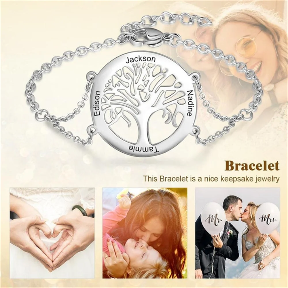 Personalized Tree of Life Bracelet Engraved Name Stainless Steel Custom Fashion Popular Accessories Women's Custom Bracelet