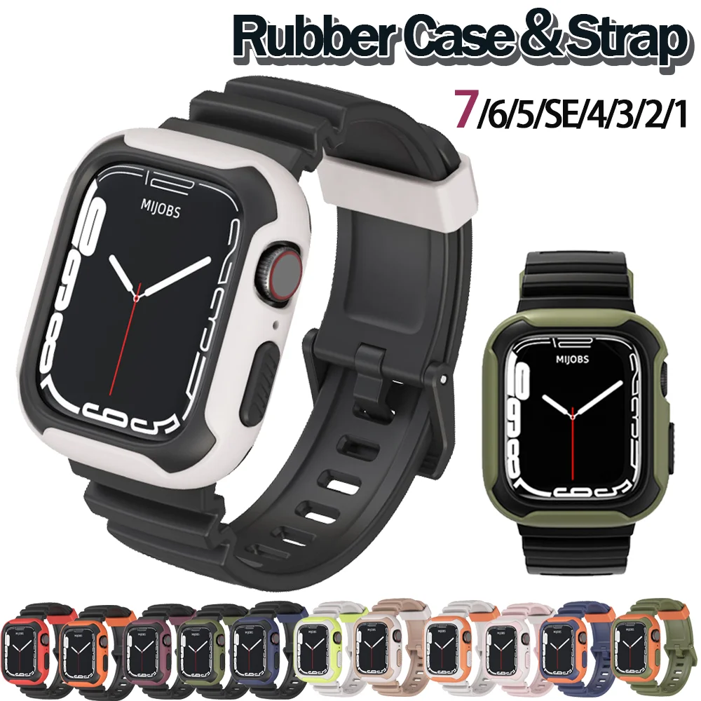 

Watch Case+Strap for IWatch Series 45mm 41mm Rubber Silicone Bracelet for Apple Watch 7 44mm 40mm SE Series 6 5 4 Cover Band Set