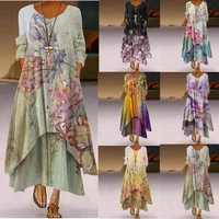2022 european and american autumn new style irregular long sleeved dress with pocket hem exquisite printed slim dress