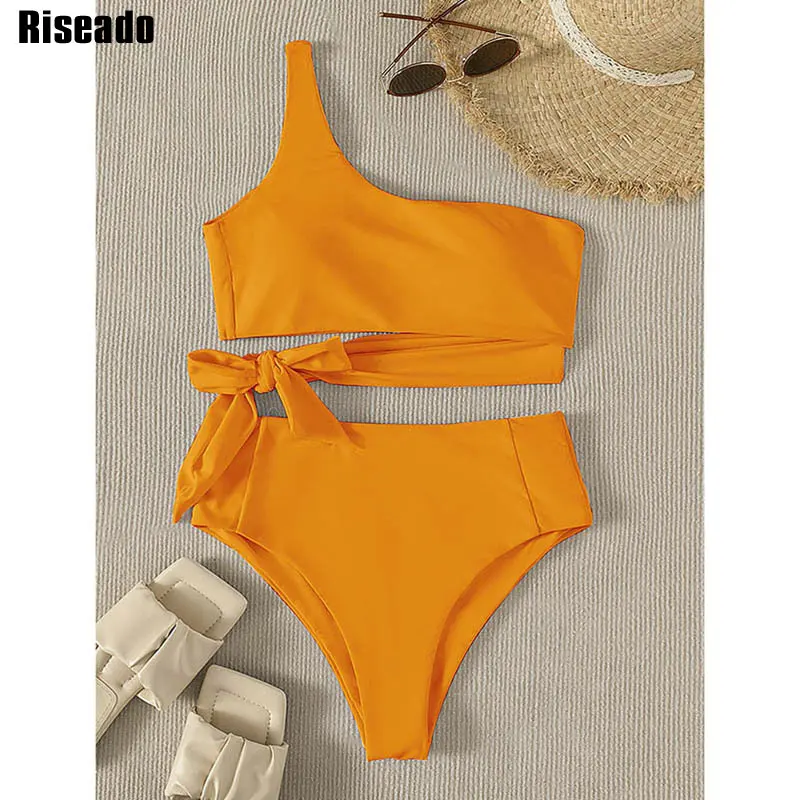 

Riseado One Shoulder Bikini 2022 Woman High Waist Women's Swimsuits Sexy Cut Out Swimwear Knot Side Bathing Suit Solid Biquinis