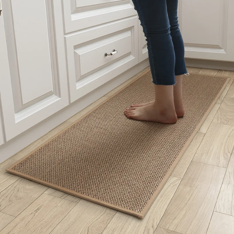 

Knitted Linen Kitchen Floor Mat Rubber Back Double Side Anti Slip Modern Natural Material Washable Water Oil Resistant Twill Rug