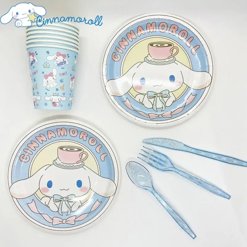 

Cinnamoroll Kawaii одноразовые столовые приборы Sanrio Мультяшные милые товары для дня рождения Аниме творческие тарелки бумажные стаканчики Ложка Вилка