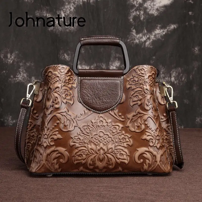 

Johnature Genuine Leather Women Bag Large Capacity Casual Floral Shoulder Bags 2022 New Vintage Embossing Cowhide Handbag