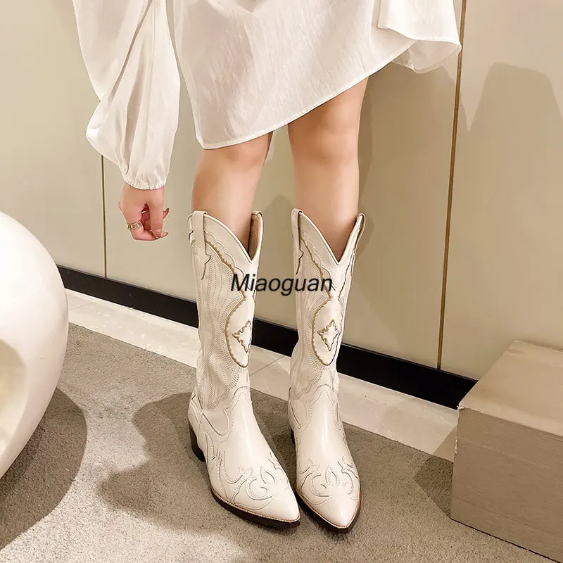 Women's Boots Retro Autumn Winter White Knee High Boots Big Size 40 Fashion Comfy Walking Female Western Cowboy Boot Woman Shoes