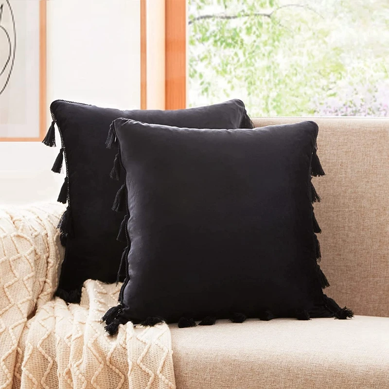 

Inyahome Pack of 1/2 Black Velvet Decorative Throw Pillow Covers with Tassels Fringe Rectangle Pillowcase for Bed Sofa Couch