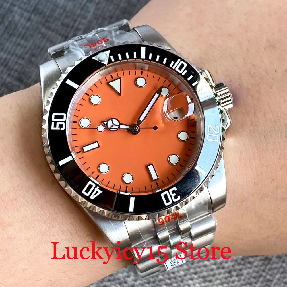 

BLIGER News 40MM 24 Jewels NH35 Movement Automatic Men Watch Luminous Orange Dial With Auto Date Sapphire Glass Jubilee Bracelet