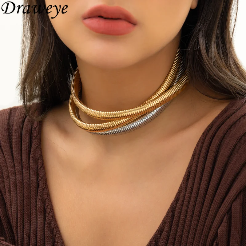 

Draweye Snake Chains Necklaces for Women Metal Multilayers Vintage Hiphop Chokers Simple New Design Jewelry Fashion Torques