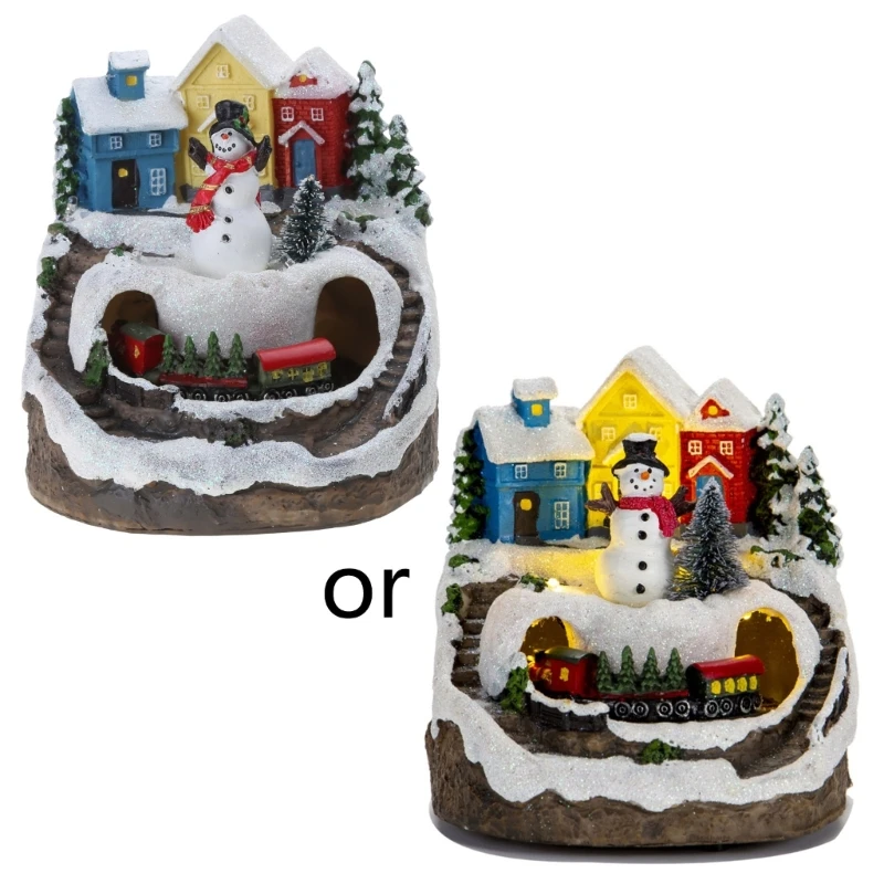 

Animated Xmas House Resin Christmas Village House Figurine Building with Moving Train LED Musical Home Table Decoration
