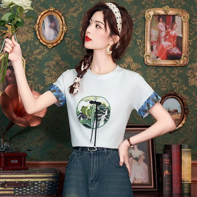 Летняя женская блузка с круглым вырезом и коротким рукавом белая бахромой