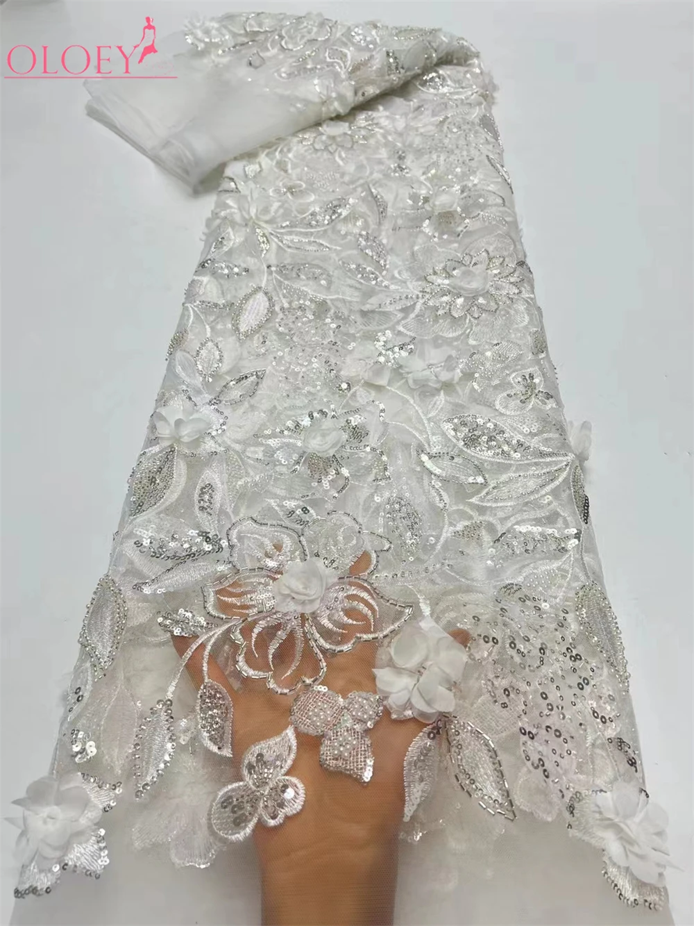 2024 модная французская сетка 3D Цветочная вышивка из бисера кружевная ткань с