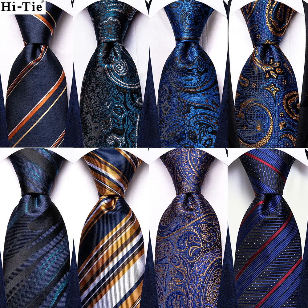 

Hi-Tie Designer Navy Blue Paisley Silk Wedding Tie For Men Handky Cufflink Gift Mens Necktie Fashion Business Party Dropshiping