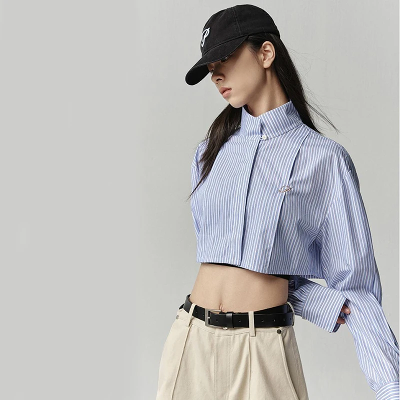 Zoki Vintage Striped Long Sleeve Shirt Women Summer Fashion Loose Button Stand Neck Crop Tops Harajuku Turn Down Collar Blouse