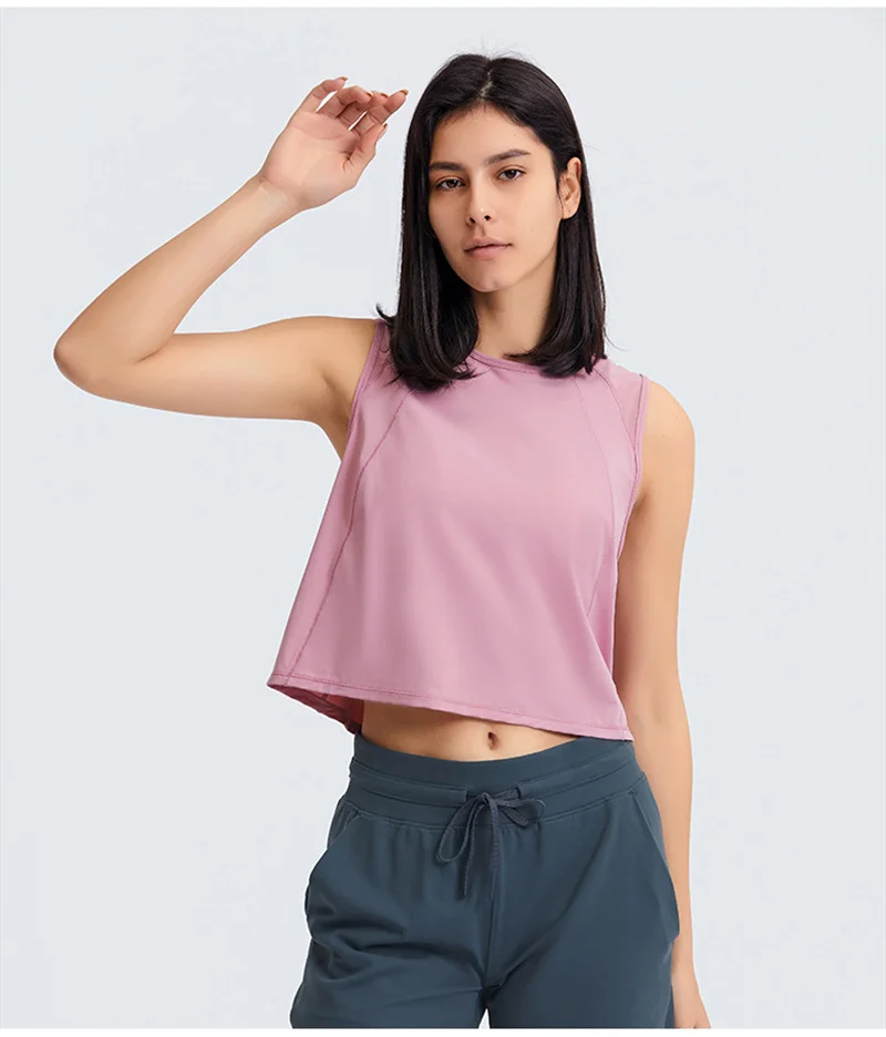 

Solid Color Luluwomen's Gym Short Sleeveless Yoga Fir Crop Vest Quick Dry Breathable Perspiration Wicking Crew Neck Casual Shirt