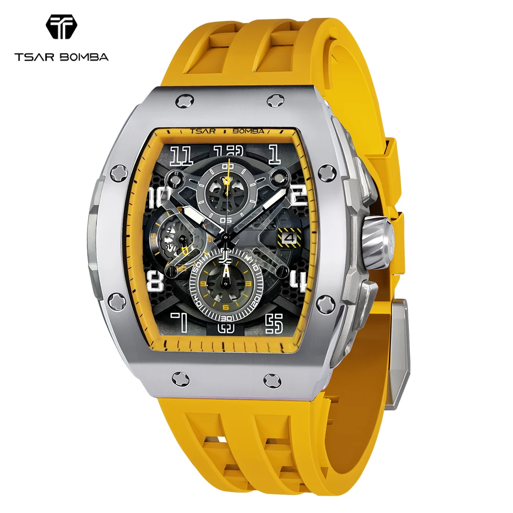 

TSAR BOMBA Mens Watch Rectangle Yellow Wristwatch Waterproof Quartz Tonneau Clock Sapphire Date Chronograph Luxury Watch for Men