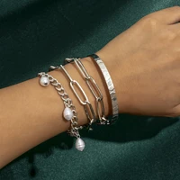 punk diamond opening metal bracelet set imitation pearl hollow cross chain bracelet