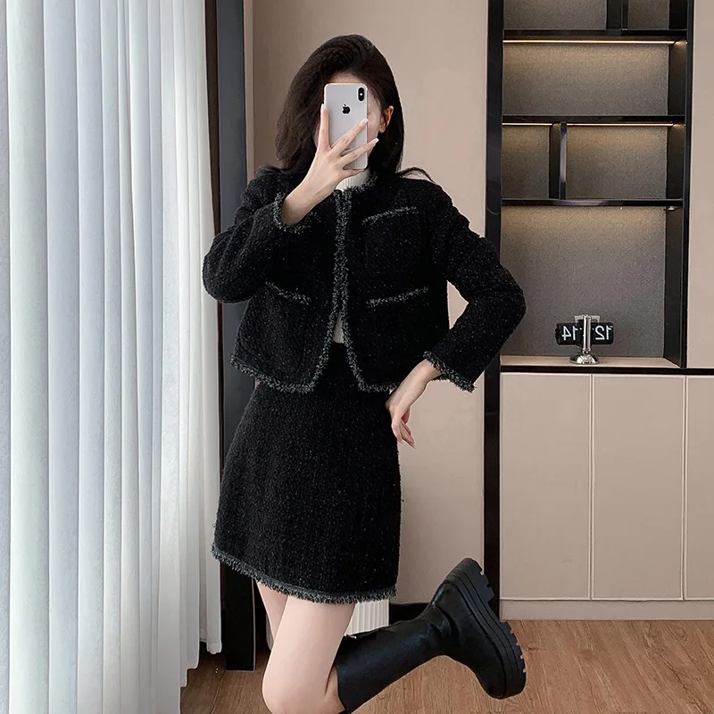 Черный женский комплект из 2 предметов грубого твида куртка + юбка с высокой