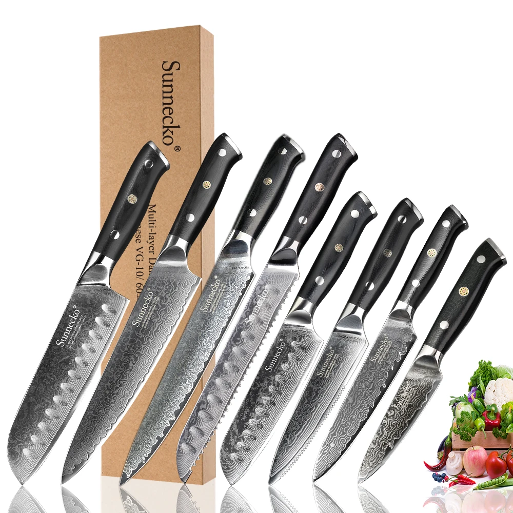 

SUNNECKO 1-8pcs/set Damascus Chef Kitchen Knives Japanese VG10 Steel Slicing Santoku Steak Utility Paring Bread Knife G10 Handle