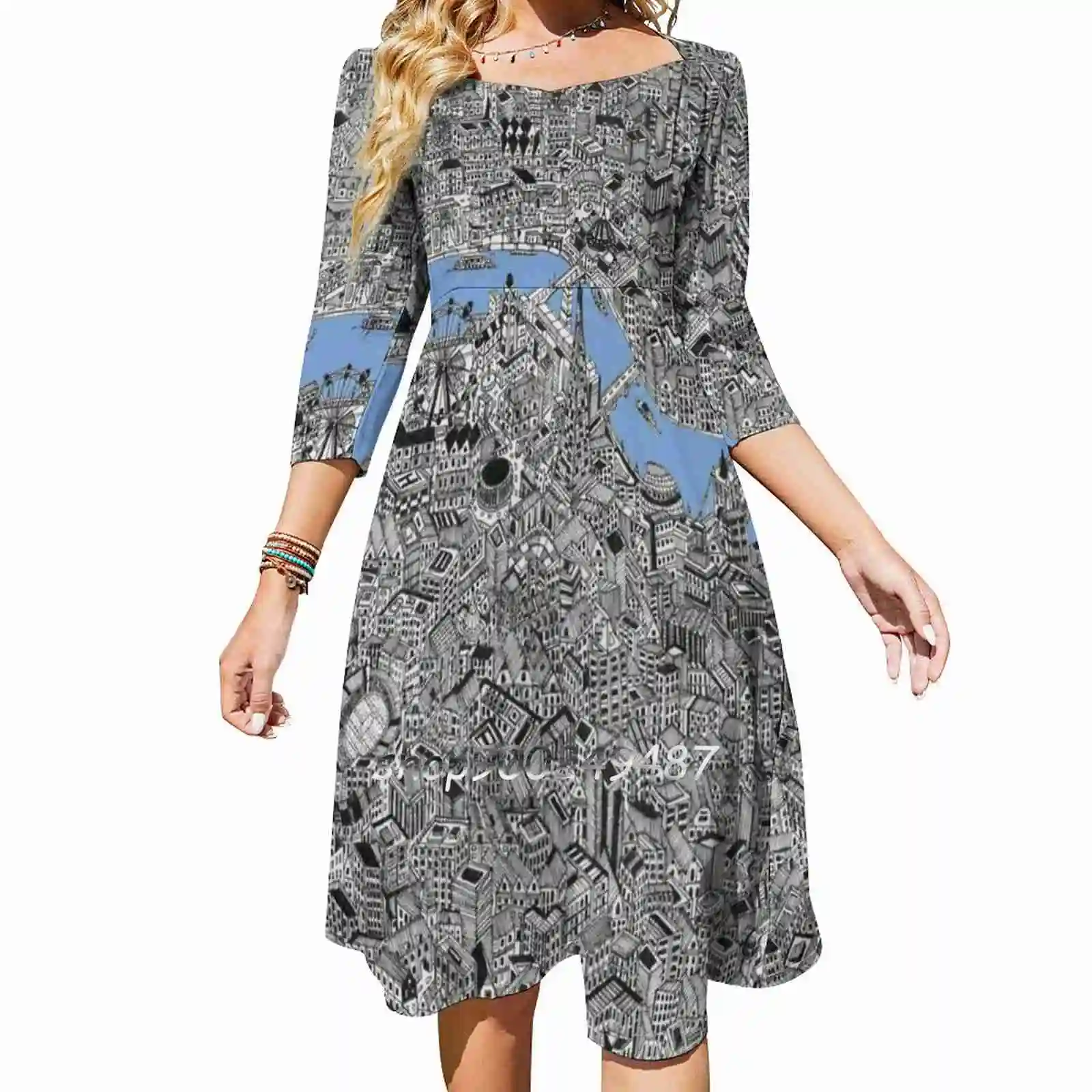 London Map Print Drawing Sweet Summer Casual Sling Dresses Korean Women Sexy Sundress Thames City Capital Sketch