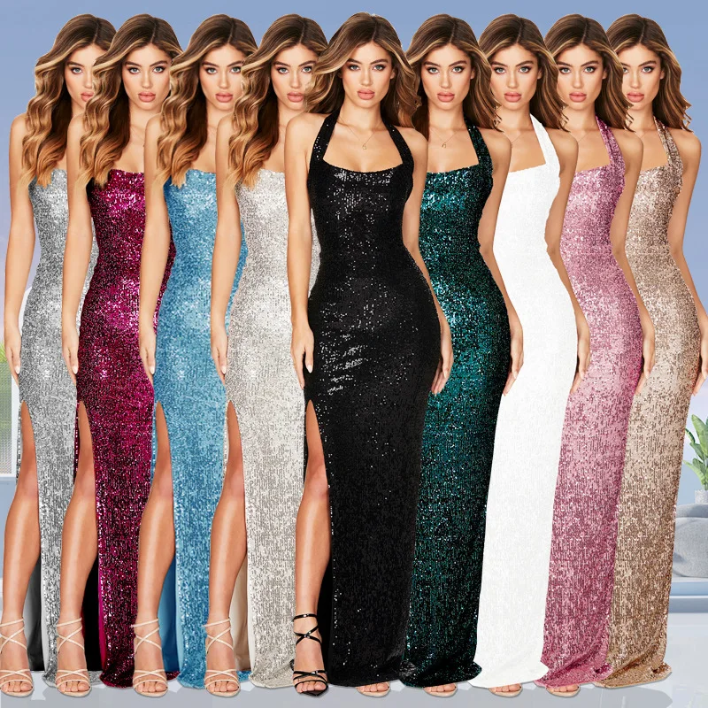 

2023 Spring Sexy New Female Evening Party Slim Sequin Suspender Dress Women's Split Design Hip Wrap Elegance Dresses Female
