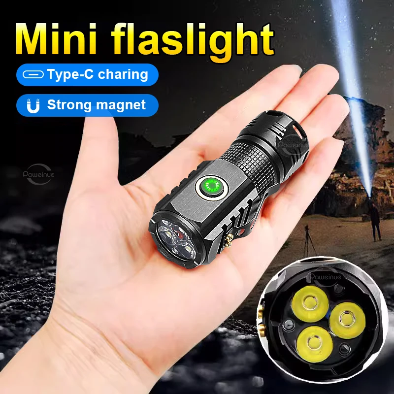 

2000LM Powerful Mini EDC LED Flashlight Super Bright Keychain Light USB Rechargeable Torch Camping Lantern With Power Indicator