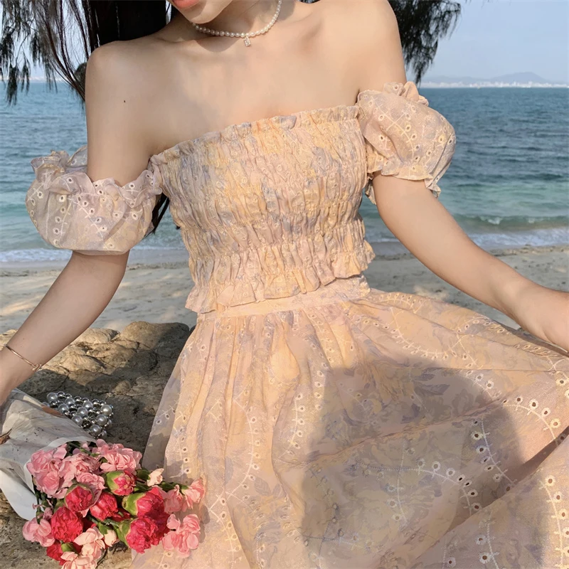

New Fashion Off Shoulder Dress Korean Kawaii Women's Casual Ruffle Beach Summer Floral Print Lace Sweet Elegant Dress Sets