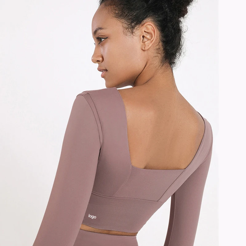

Sports Top With Logo Women's Crop With Chest Pad Crop Navel Fitness Long Sleeves Round Neck Backless Yoga Shirt Running T-Shirt
