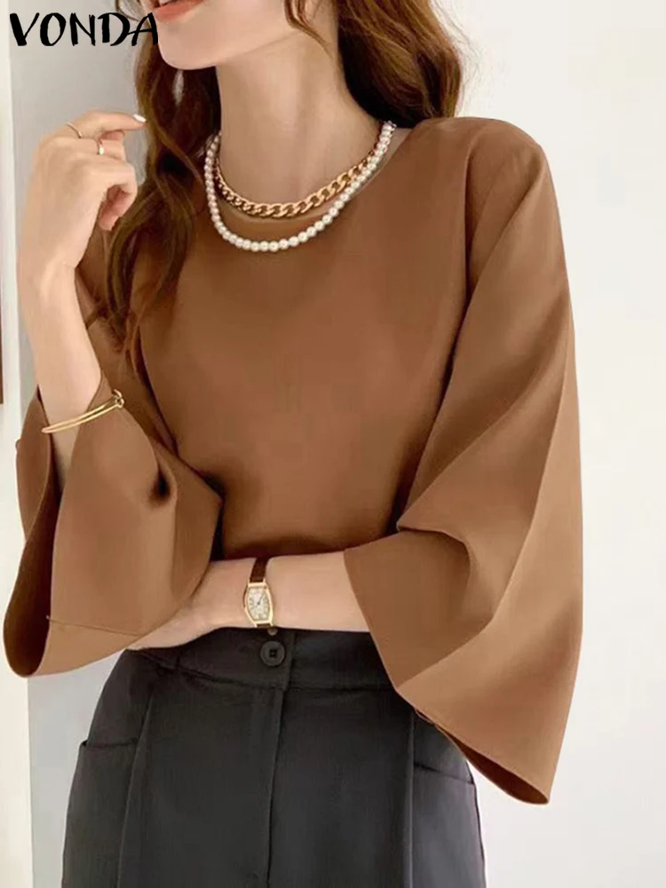

VONDA Summer Women Tops and Blouses Fashion 3/4 Flare Sleeve Elegant Solid Color Shirts 2023 OL Loose Casual Blusas Femininas