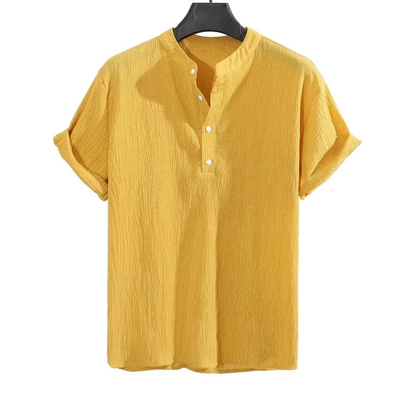 2022 Summer New Men's Cotton Hemp Short Sleeve Shirt Simple Solid Color Loose Men's Shirt Stand Collar Camisa